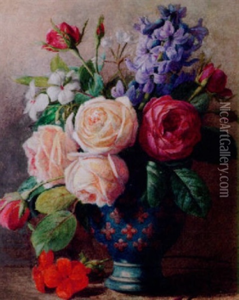 Roses And Delft Blue Hyacinths In A Vase Oil Painting - Charles Henry Slater