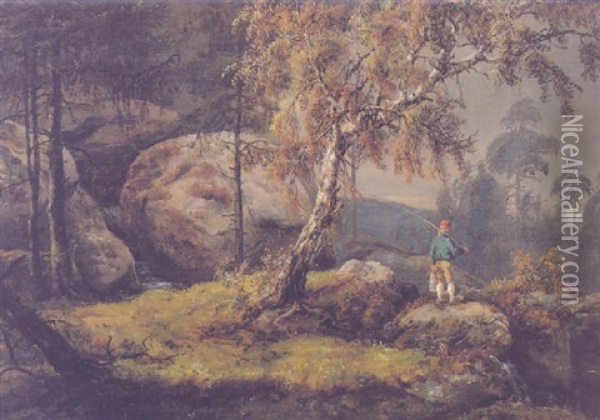 Rocky Mountainside With A Birch Tree Oil Painting - Johan Christian Dahl