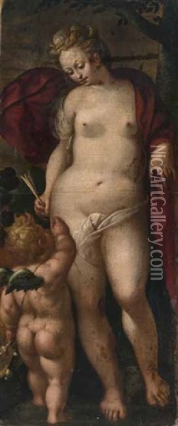 Amor Reicht Der Stehenden Halbnackten Venus Einen Pfeil Oil Painting - Bartholomaeus Spranger