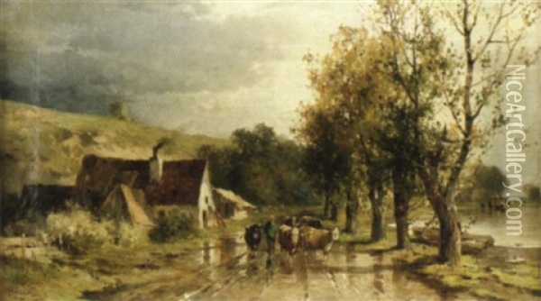Ein Bauer Fuhrt Seine Rinder Eine Strase Entlang Oil Painting - Karl Adam Heinisch