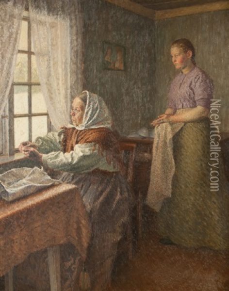 Interior Scene With Two Women Oil Painting - Gudbrand Mellbye (Mollbye)