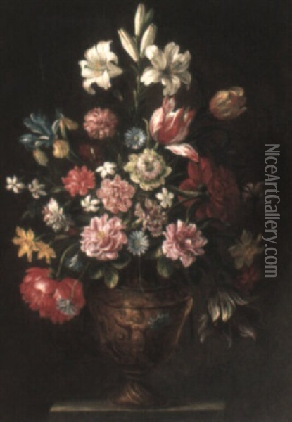 Still Life Of Tulips, Roses And Other Flowers In An Elaborate Urn Oil Painting - Jean-Baptiste Monnoyer
