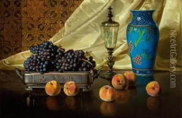 Still Life With Peaches And Grapes In A Silver Dish Oil Painting - Edward Chalmers Leavitt
