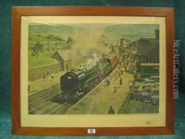 Steam Engine, Oliver Cromwell Colour Print, Dated 68 47cn X 67cm Oil Painting - James Petrie