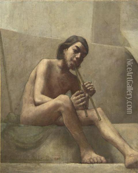 Seated Youth, Playing Aulos Oil Painting - Theodore Butler