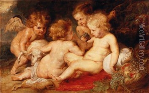 The Christ Child With The Young John The Baptist And Two Angels Oil Painting - Daniel Penther