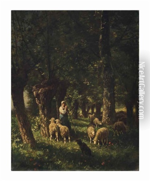 A Shepherdess And Her Sheep Oil Painting - Charles Emile Jacque