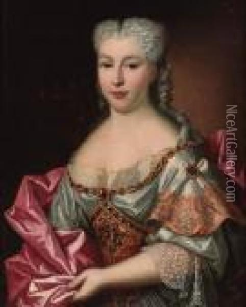 Portrait Of A Lady, Half-length,
 Wearing A White Embroided Dresswith Lace Trim And A Pink Wrap Oil Painting - Antoine Pesne