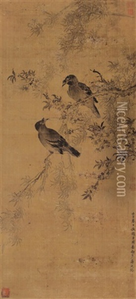 Peach Blossoms And Mynah Bird Oil Painting -  Jiang Tingxi