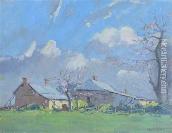 Farm House With Blossom Trees Oil Painting - Robert Waden