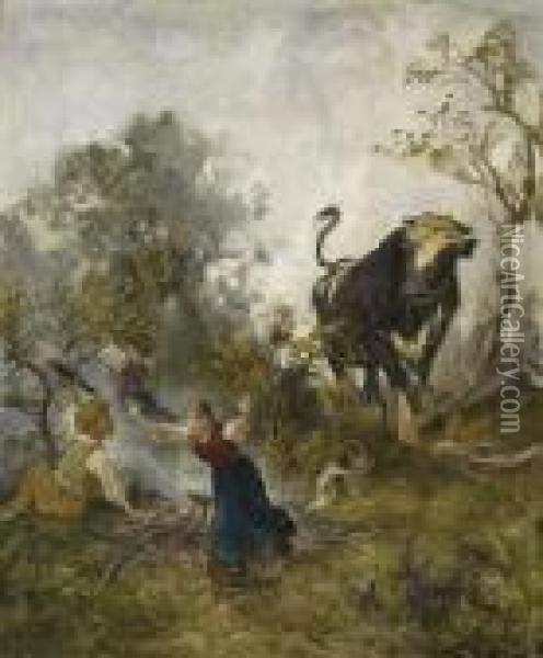 Junger Stier, Kinder Erschreckend Oil Painting - Rudolf Koller