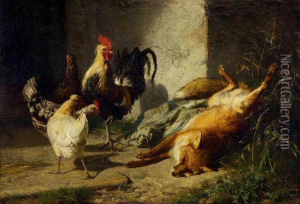 A Shot Fox And Cock Oil Painting - Johann Baptist Hofner