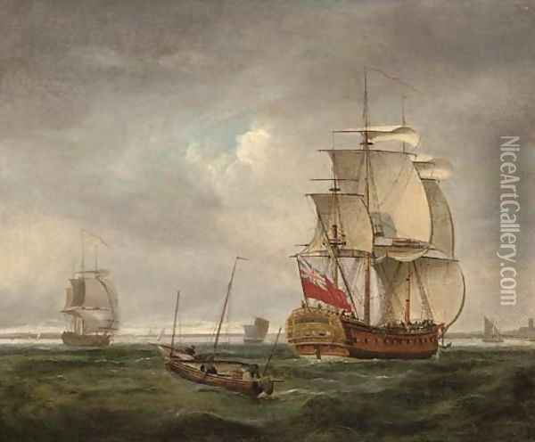 An English frigate coming into port and making ready to anchor Oil Painting - Peter Monamy