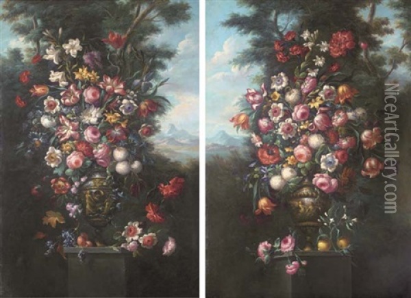 Still Life Of Flowers In A Landscape (+ Another Similar; Pair) Oil Painting - Jan Van Huysum
