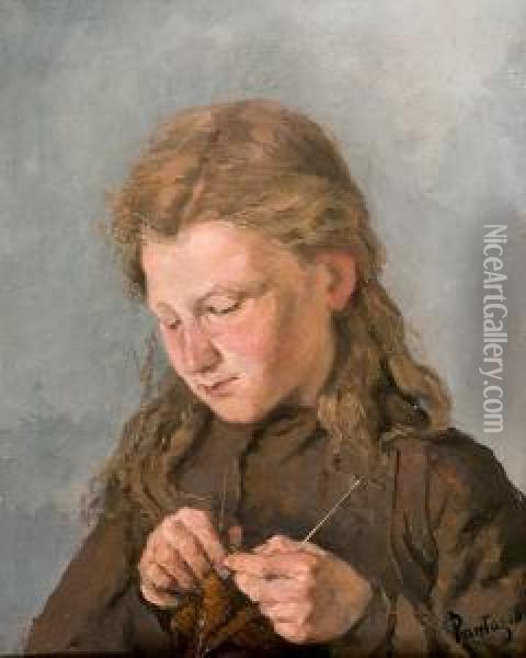 Girl Knitting/jeune Fille Au Tricot Oil Painting - Pericles Pantazis