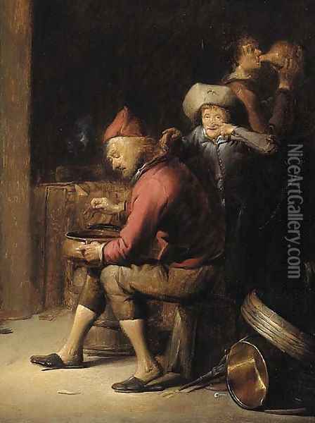 The sense of Smell A boy mocking an old man Oil Painting - Benjamin Gerritsz. Cuyp