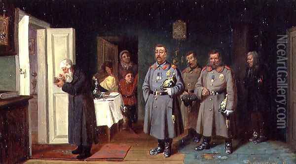 Policemen Singing Carols, 1867 Oil Painting - Leonid Ivanovich Solomatkin