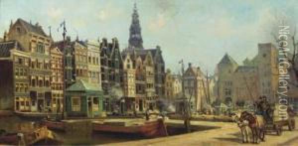 A View On The Damrak And The Beurs Van Berlage, Amsterdam Oil Painting - Johan Gerard Smits