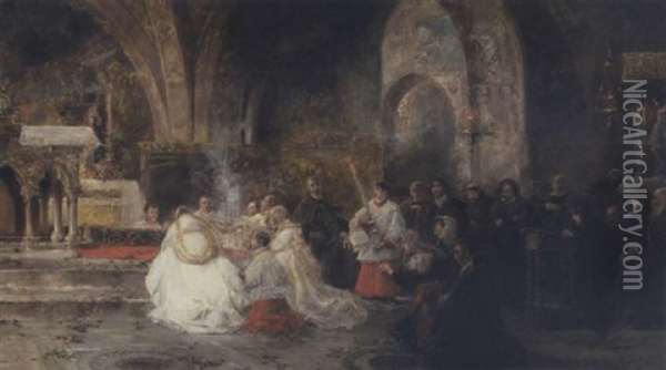 Heilige Messe In Der Unterkirche Von S. Francesco In Assisi Oil Painting - Juan Pablo Salinas
