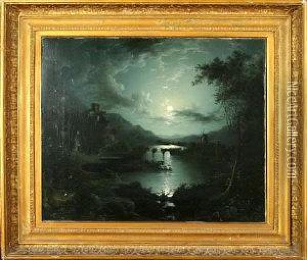 A Moonlit Landscape With A Ruined Bridge And A Windmill. Oil Painting - Henry Pether
