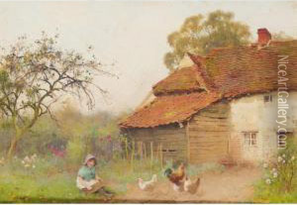 Flower Gathering, Worcestershire; Cottage In Worcestershire Lane Oil Painting - Benjamin D. Sigmund