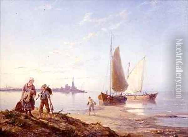 Fishing Boats off the Shore Oil Painting - Pieter Cornelis Dommerson