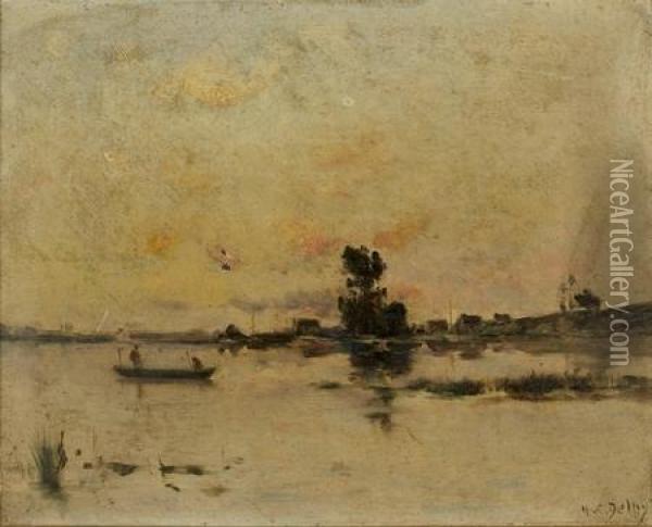Pecheurs Dans Une Barque Sur Un Lac Oil Painting - Hippolyte Camille Delpy