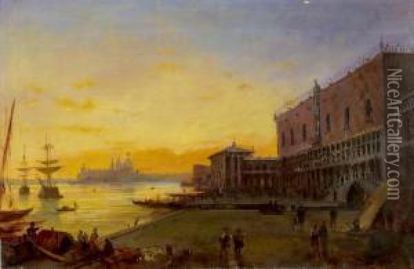 Ansicht Des Canale Grande Mit Dogenpalast Bei Sonnenuntergang Oil Painting - Charles Clement Calderon