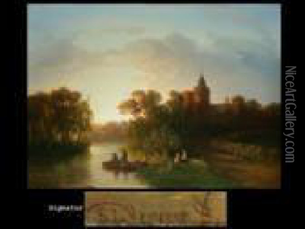 Fischer Am Fluss Vor Schlossanlage Oil Painting - Salomon Leonardus Verveer
