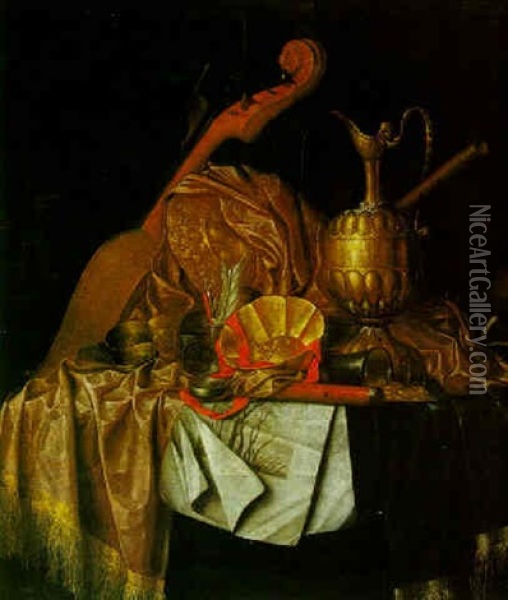 A Still Life Of A Cello, A Flute, A Gilt Plate, Ewer And Bowl, With Fruits, All On A Marble Ledge Oil Painting - Franciscus Gysbrechts