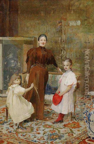 A Portrait Of Mrs. Hrusova With Children Oil Painting - Vojtech Hynais