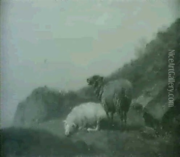 Ruhende Schafe Am Abhang, Am Himmel Schwalben Oil Painting - Friedrich Karl Joseph Simmler