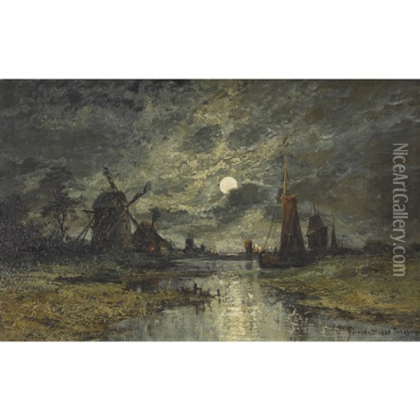 Flusslandschaft Im Mondschein Mit Windmuhlen Oil Painting - Henri Girardet