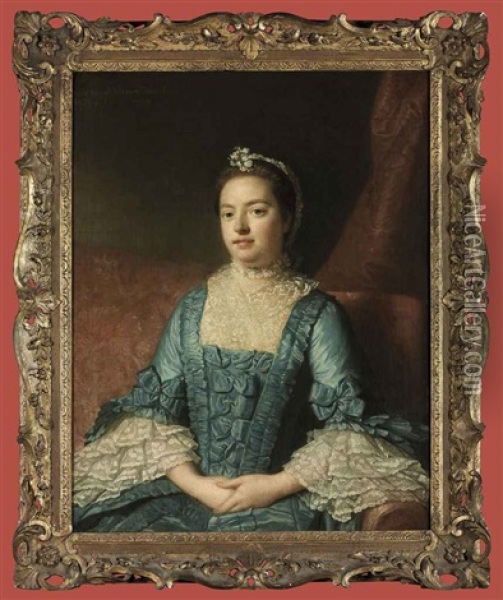 Portrait Of Sarah Verney In A Blue Dress With Bows, With A Lace Bodice And Cuffs, Seated On A Red Sofa, A Draped Curtain Beyond Oil Painting - Allan Ramsay