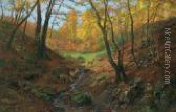 /attributed Herbstlicher Wald Mit Rotwild Oil Painting - Rudolf Weber