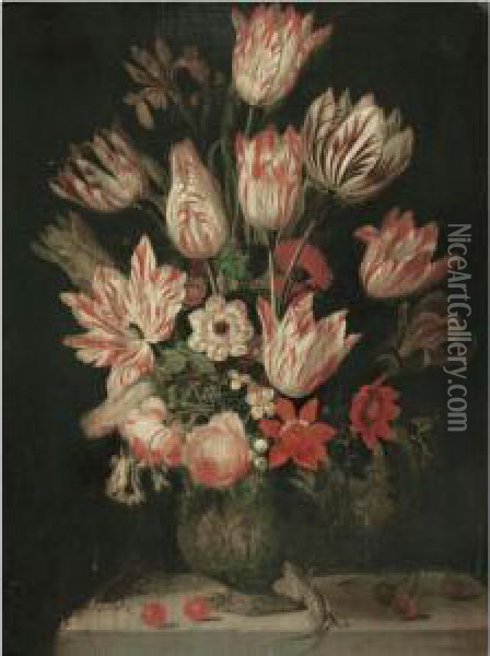 A Still Life Of Tulips And Other Flowers In A Vase On A Marble Ledge, With A Green Lizard Oil Painting - Jakob Marellus
