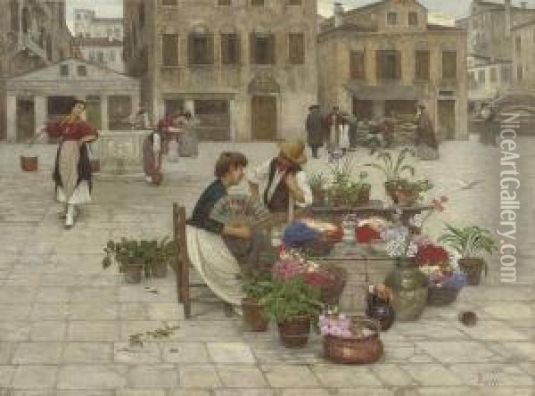 A Tryst At A Venetian Flower Market Oil Painting - Luigi Pastega