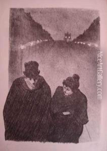 [couple Dans La Nuit, Au Loin Un Fiacre]. Illustration Pour Une
 Melodie. Vers 1900. Oil Painting - Henri-Gabriel Ibels