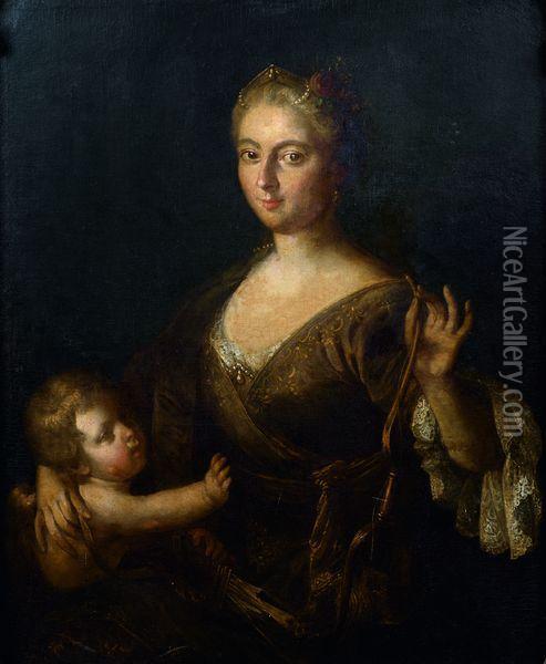 Portrait De Jeune Femme En Venus Avec Cupidon Oil Painting - Nicolas Fouche