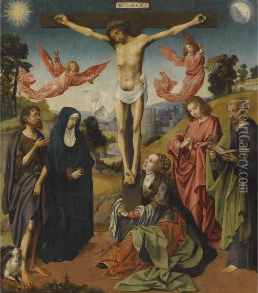 The Crucifixion With The Virgin Mary, Saints Mary Magdalene, John The Baptist, Peter, And An Unidentified Male Saint Oil Painting - Cornelis Engebrechtsz