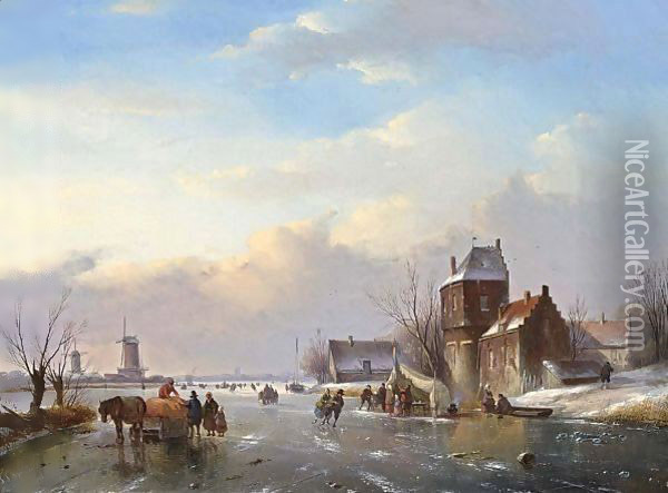 Skaters On A Frozen Water Way Oil Painting - Jan Jacob Coenraad Spohler