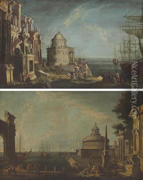 A Capriccio With A Temple And 
Elegant Figures By A Harbor; And Acapriccio With The Mausoleum Of 
Hadrian And An Obelisk With Figureson A Quay Oil Painting - Michele Marieschi