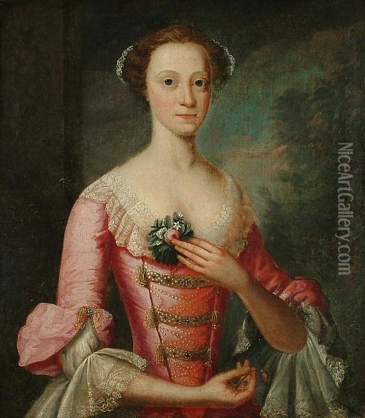 Portrait, Half Length, Of A 
Young Lady Lady Wearing A Dusty Pink Satin Dress Decorated With Pearls, 
Gold Braid And Lace Oil Painting - Thomas Hudson