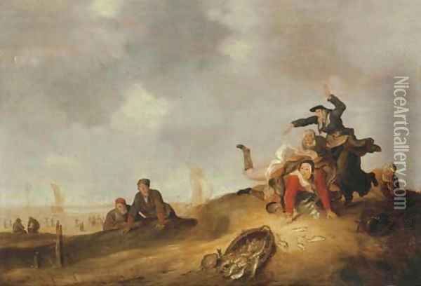 A coastal landscape with a fisherwoman tripping and spilling a basket of fish in the dunes Oil Painting - Cornelis Beelt