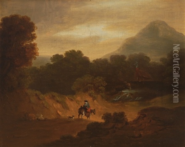 The Great Sugarloaf Mountain, Co. Wicklow With A Figure On Horseback Alongside A Dog In Foreground Oil Painting - George Barret