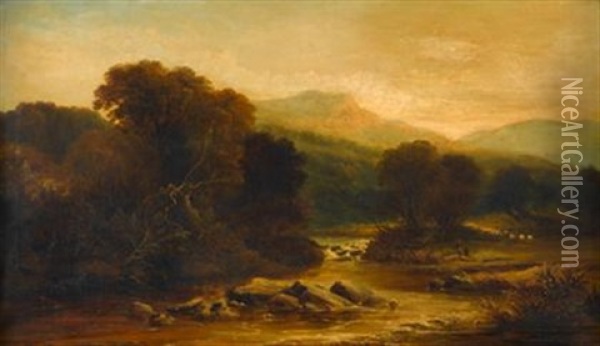 A Shepherd And His Flock In A River Landscape Oil Painting - William Meadows