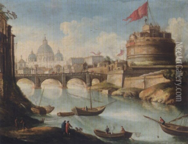 Rome, A View Of The Ponte Sant'angelo And The Castel Sant'angelo With The Basilica Of Saint Peter's Beyond Oil Painting - Antonio Joli