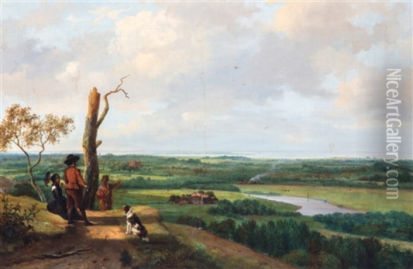 Een Panoramisch Landschap, Een Elegant Paar En Herdersjongen Op De Voorgrond Oil Painting - Nicolaas Johannes Roosenboom