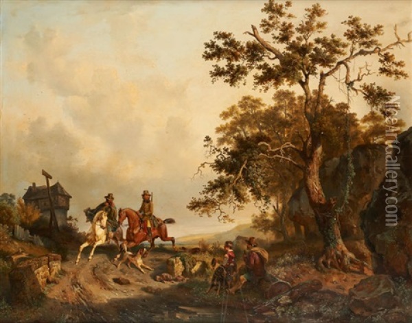 Chasseurs Sur La Route De Namur Oil Painting - Ferdinand Joseph Bernard Marinus