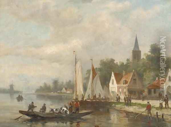 A cattle ferry on a river by a village Oil Painting - Johannes Frederik Hulk